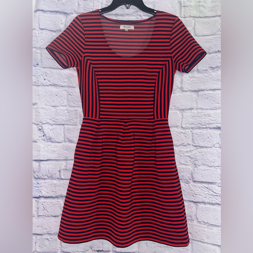 Madewell Bistro Dress – Red & Blue Ridgestripe, Fit & Flare with Pockets, Size 4
